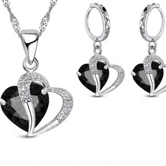 ⭐4pc Bundle Sale⭐ Black Diamond Hearts Pendant And Earrings &18"Chain 925 Silver - Picture 2 of 3